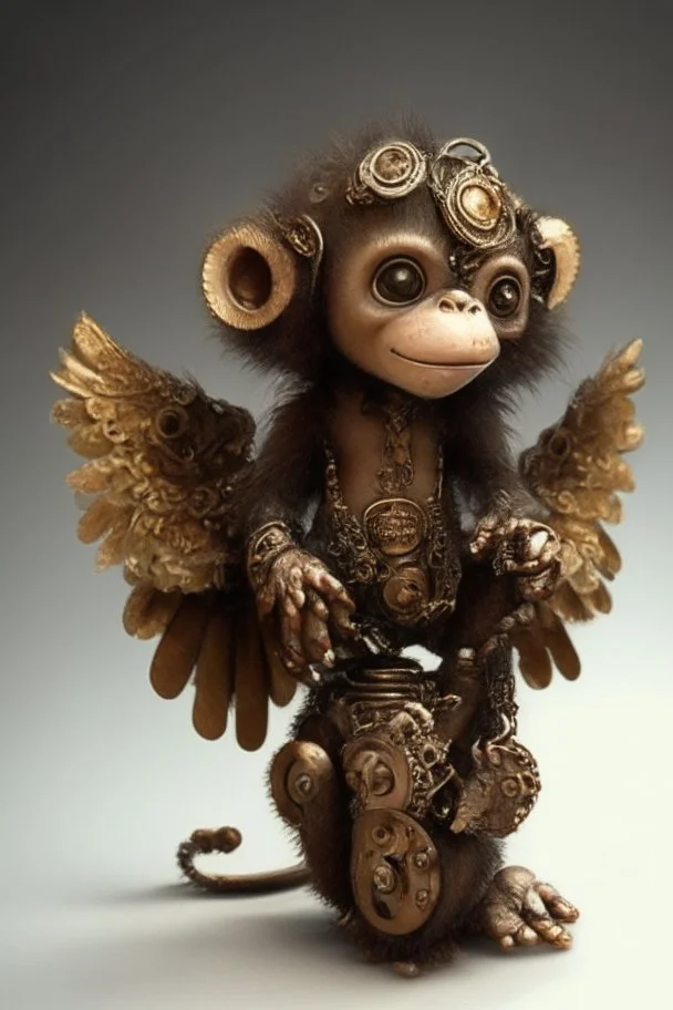 small cute steampunk mechanical monkey, made of metal with mechanical wings, cute hands and feet