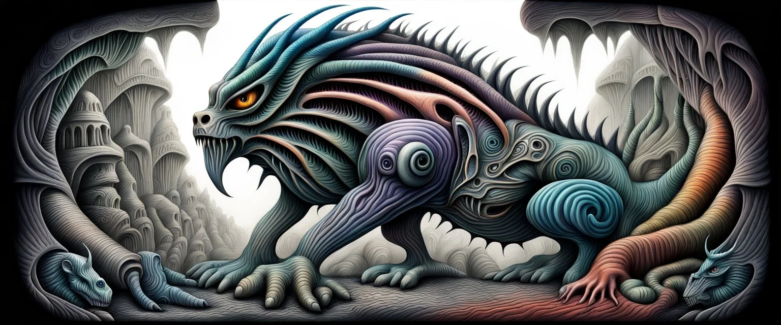 colorful pen and airbrush of twisted rock and jungle monster breed animal as fantasy art in the style of giger and escher