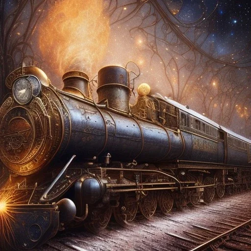 Steampunk locomotive train, ornate silver and gold engraved, white smoke billowing from the chimney as it passes through a narrow gap surrounded by tall trees. Stars and Galaxies fill the night sky.8K polished in the style of Josephine Wall, Brian Froud.Thomas Kinkade