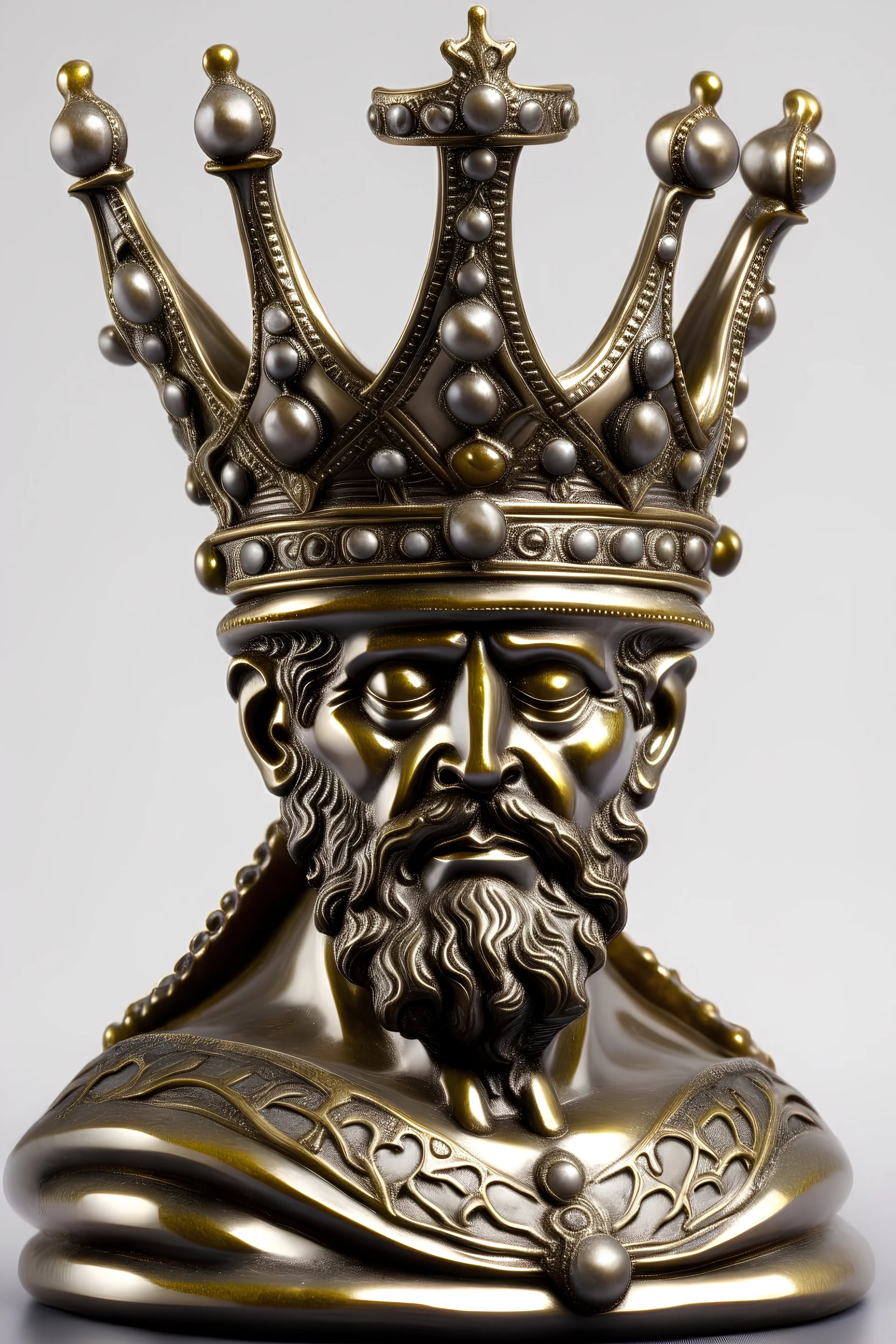 naked king (shoulders above) with crown that covers his whole face (from back, three-quarter-view)