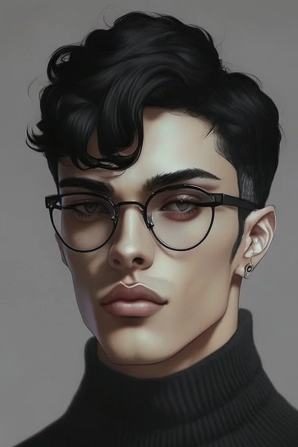 Short black hair, light skin, black turtle neck clothing, black glasses, earrings, grey eyes, black eye shadow, man