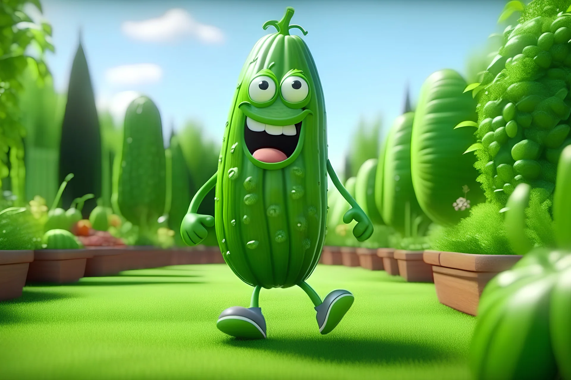 Rick the cucumber jumps on the garden lawn and dances the macarena, beautiful sunny weather