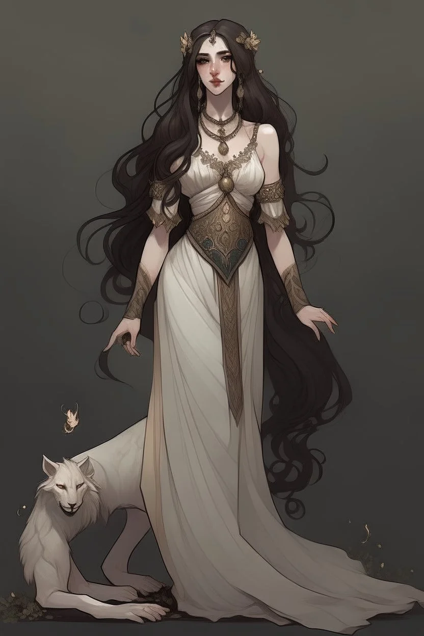 full body portrait of Cynara, the antagonist of a youth novel; she is a patron but became mean after a stroke of faith, she is beautiful, her patron animal is a unicorn, her stone is an auralith, her best friend is Elysia who is the light of life, Cynara has long dark hair, her appearance is like a greek goddess,