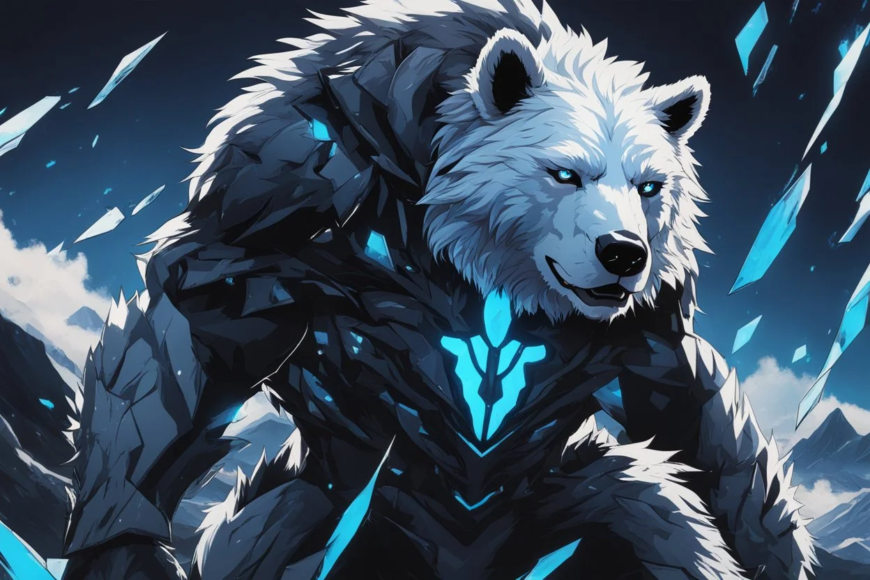 white bear in 8k solo leveling shadow artstyle, symbiote them, blue ice and thunder, neon effect, blue thunder, full body, apocalypse, intricate details, highly detailed, high details, detailed portrait, masterpiece,ultra detailed, ultra quality