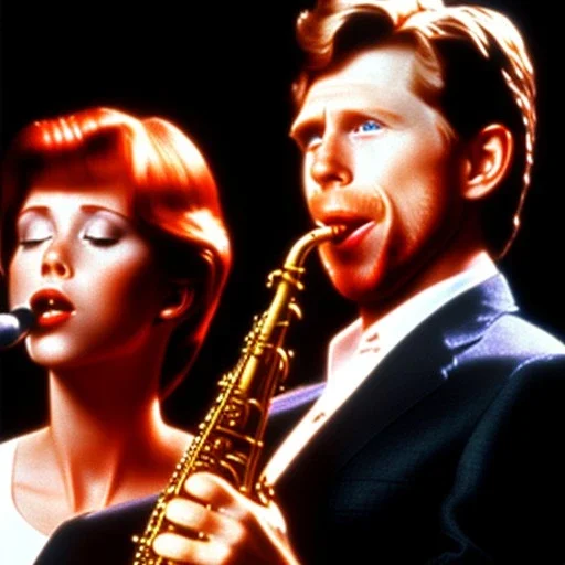 REd-haired Ron howard Is richie from happy days playing A saxophone with his "eyes closed", rock band, embouchure, joanie cunningham