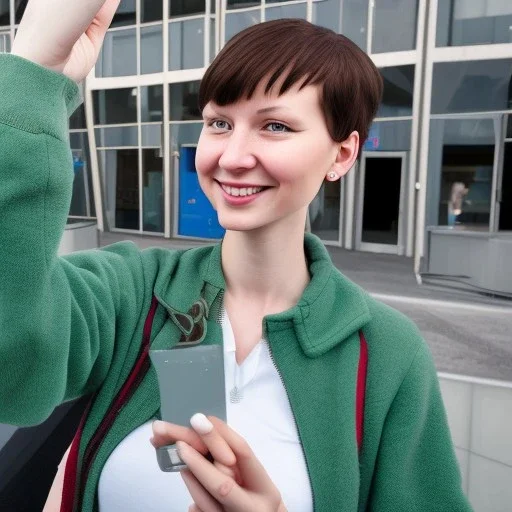 A short haired, female computer engineer taking a selfie in front of Building 92 at Microsoft