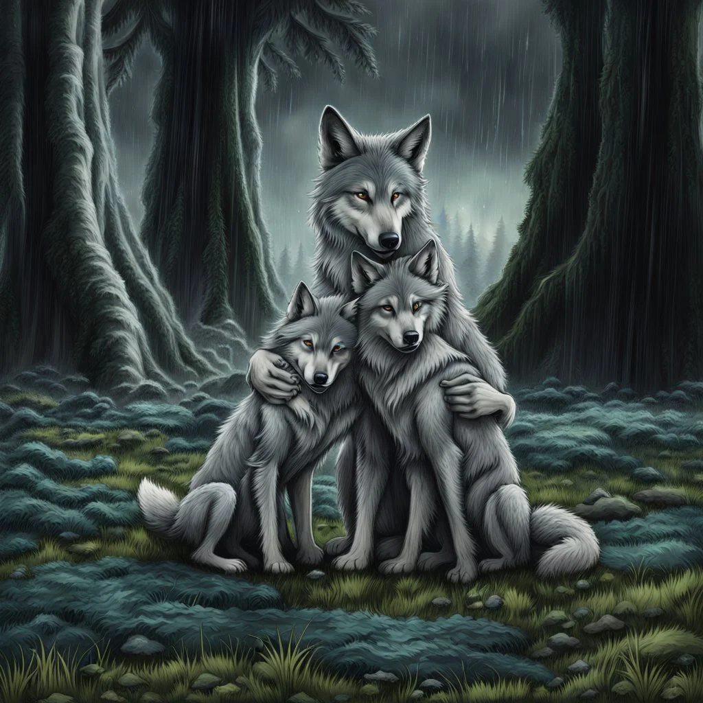 one gray bodyhair anthro wolf-woman hibrid hugs her two anhtro wolf-kid child on field, in background tall trees wirh big trunks, rain, down on blue-green moss, hug each other , rainy day, high contrast, high detalied, atmospheric, dark fantasy, sci-fi mood