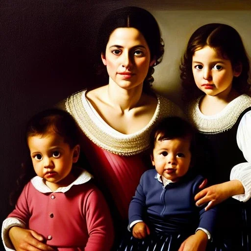 portrait of Jacobo Santiago Mozos born in 1976 and Gemma Arnau Arnau born in 1979,and daughters Eira Santiago Arnau and Dalia Santiago Arnau by Caravaggio,smiling, oil on canvas, cinematic composition, extreme detail,8k,fit full head inside picture,