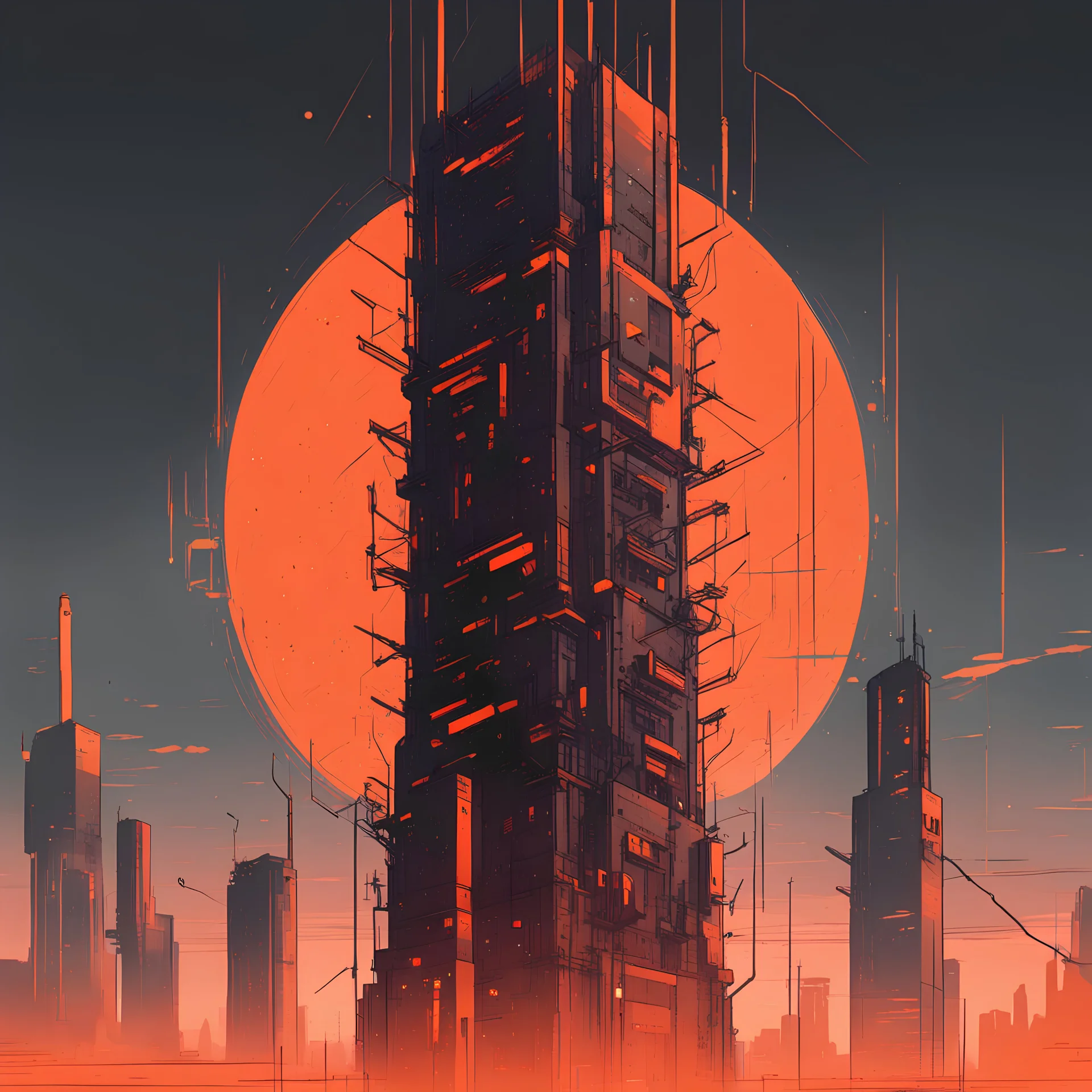 The tall tower with network cyberpunk comics style, minimalism in orange