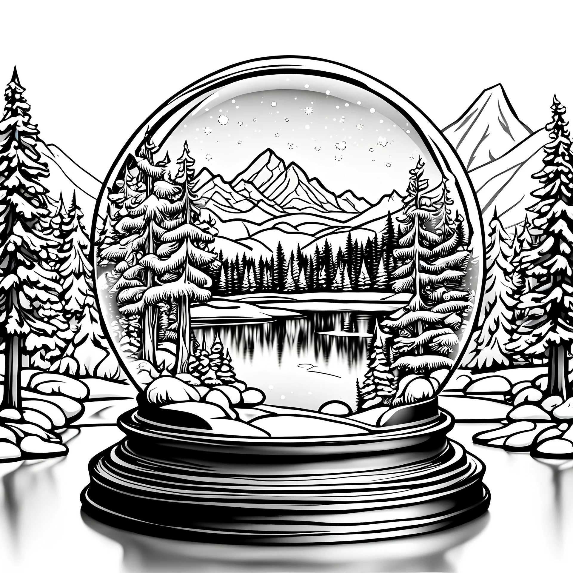 create a realistic magical snow globe scene with a cottage next to a snowy lake, with mountains and trees below,snow globe on a detailed stand, bold lines, black and white, high contrast, black outline, realistic in the style of line art, in the style of coloring book, clear white sky, white background, line ART