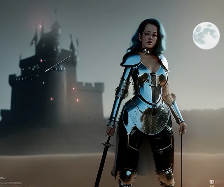 Rita ora, realism, knight armor, long curly black hair, choker, long sword, castle, moonlight