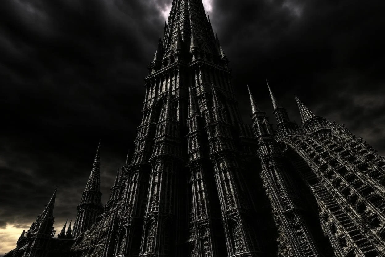 A twisted, dark, cathedral/tower stretching into a cracked sky