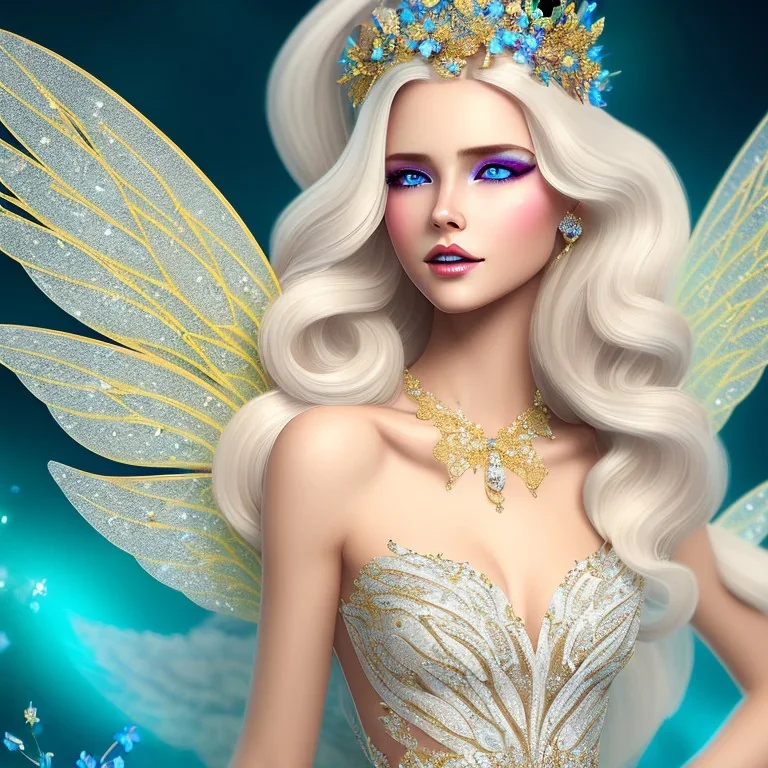 fantasy fairy with transparent wings, smiling, make up, long platinum blond hair with crown and flowers, blue eyes, gold dress