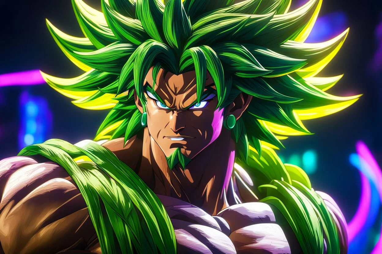 Broly in 8k cgi shadow artstyle, dynamic pose, oshare kei, hurufiyya, rtx , neon lights, intricate details, highly detailed, high details, detailed portrait, masterpiece,ultra detailed, ultra quality