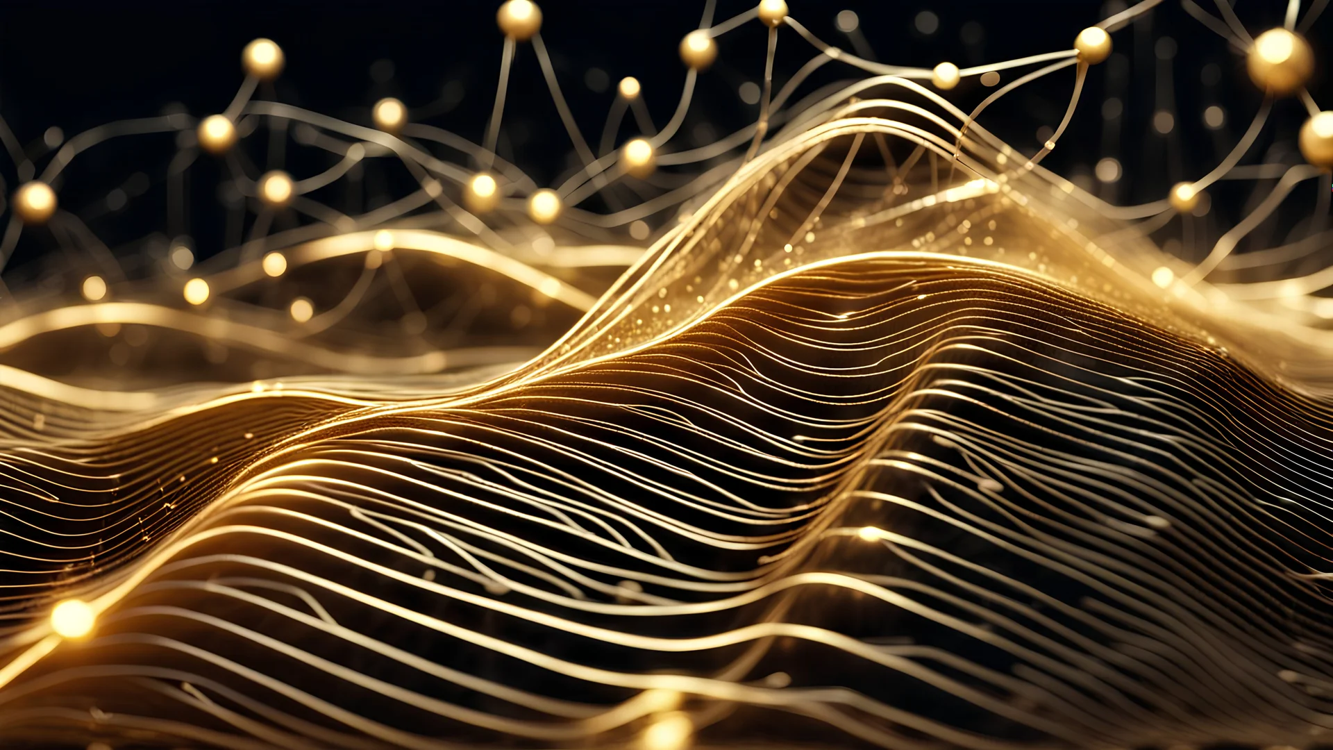 Musical Wave , Sound Wave, (Gold Color) LED network lines , Realistic 3D Render, Macro, mesh, wave network, geometric, Nikon Macro Shot, Kinetic, Fractal, Light Led Points, Generative, Neural, Computer Network, Conections,