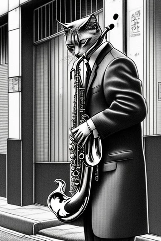 One single mature cat playing saxophone on the street, Osaka, thoughtful, mourning, model style, hyper realistic, extremely accurate, delicate, extremely detailed, Graphic novel style, wide-angle, open aperture, superfine pencil