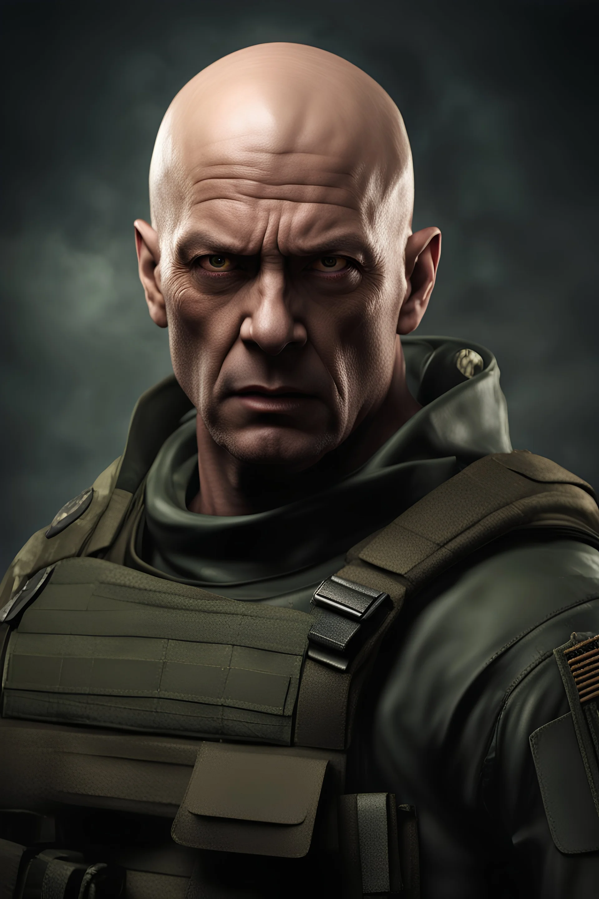 portrait of a 40 year old evil soldier. wearing a tee shirt, with sneering expression, bald, photorealistic, 4k