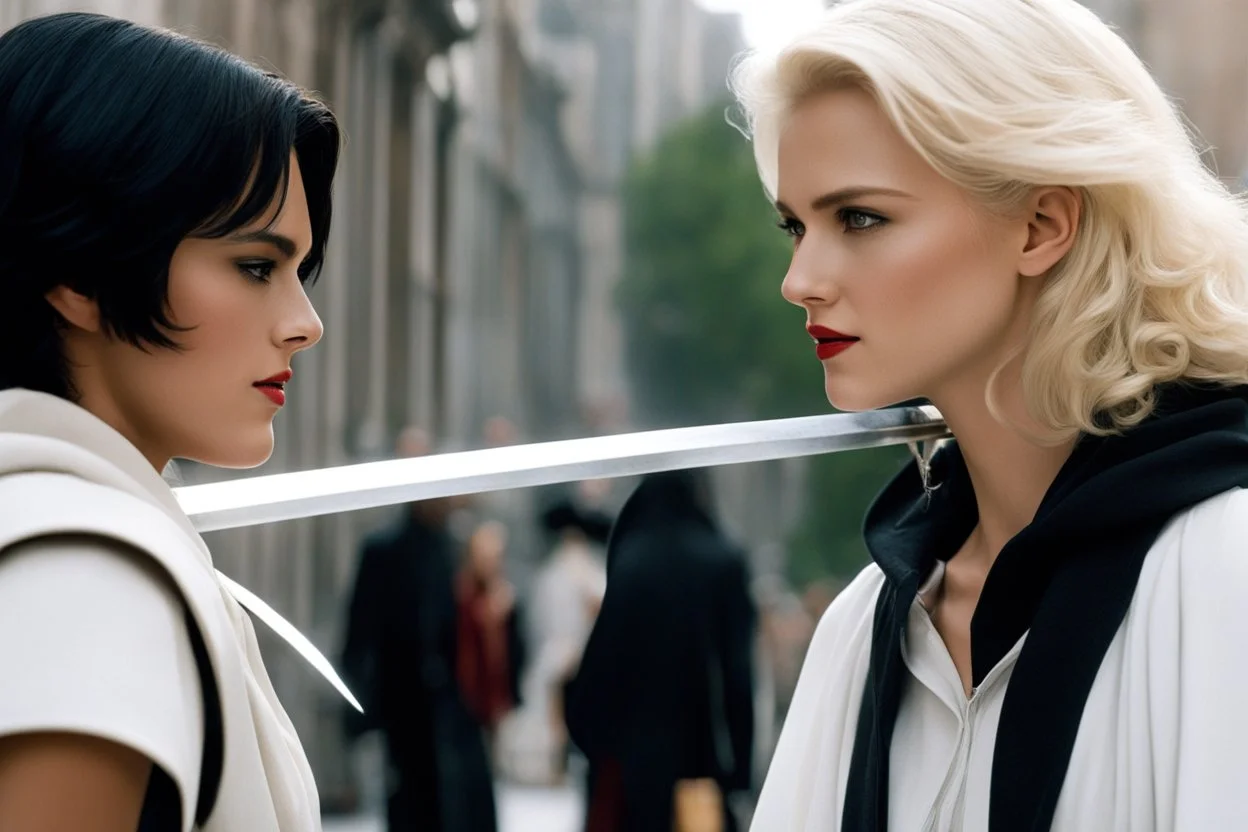 two angels face to face: a dark pale brunette with a scythe in front of a blonde man with a mace (photo from a movie by Quentin Tarantino) Dahlia faces Azrael, she is a spectre: she has the apparence of a young very white woman with dark short hair, a hoodie and a scythe, she lives in the city of Manhattan. She collects souls for Saint Peter and then joins her sister Famine to help them. She stands on the side of the street. Today she confronts Azrael, the terrible angel