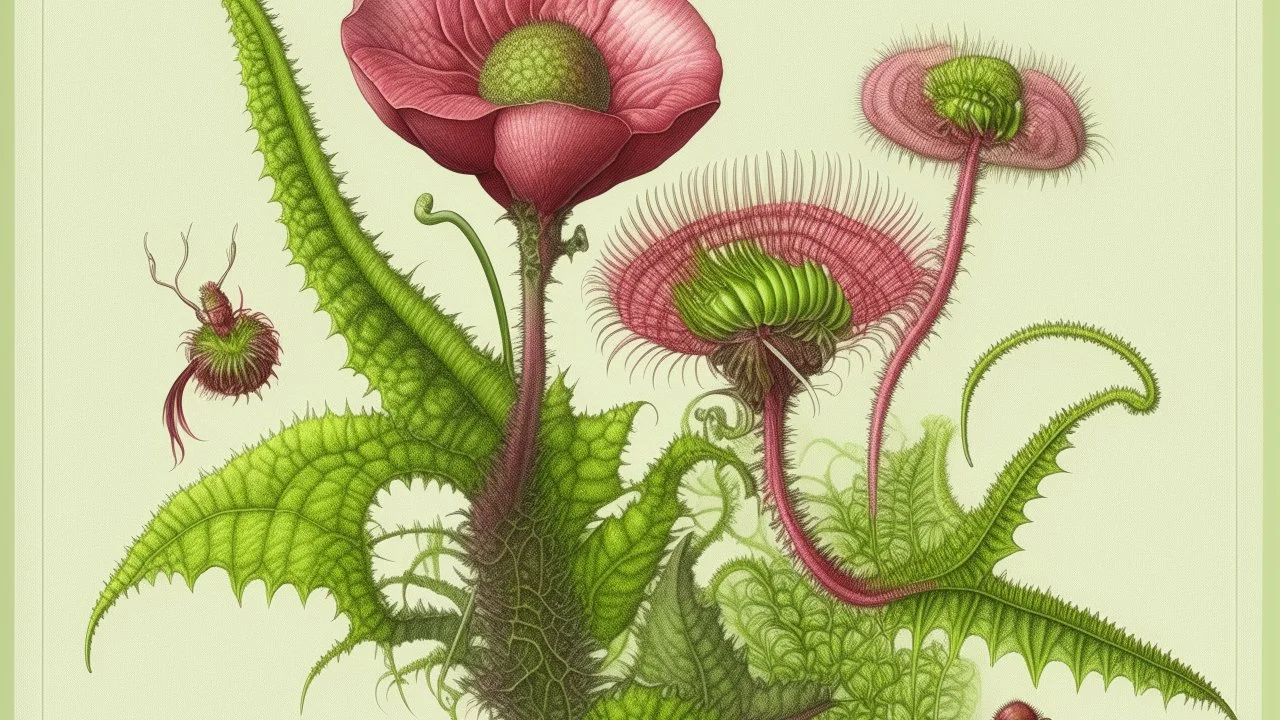 Pintura de una planta carnívora Dionaea muscipula con una mosca → Microcosmos → Laboratorio botánico retro → Estética de ilustración científica del siglo XIX → Precisión anatómica y claridad descriptiva → Grabado coloreado con acuarela → Composición centrada, casi heráldica → Luz de examen, focalizada y blanca → Verde pálido, rosa translúcido y negro denso → Rigor analítico y tensión biológica → Paleta limitada y descriptiva → Figurativo hiperrealista → Detalle microscópico en los cilios margina