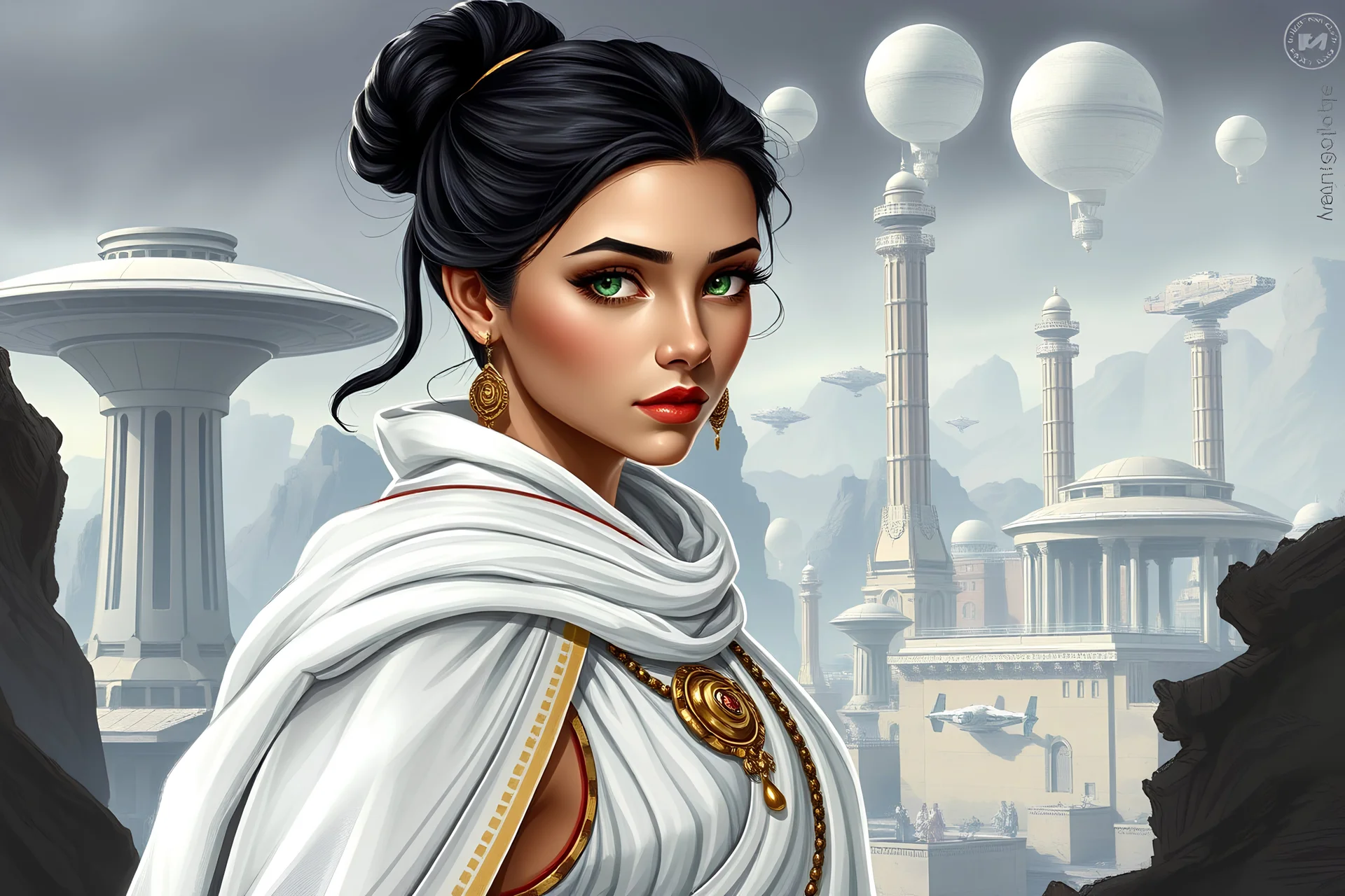 Realistic draw about young woman with black bun hair green eyes using a white greek dress and cape, hindu jewerly, black view, looking futuristic spaceport with high towers and spaceships landing