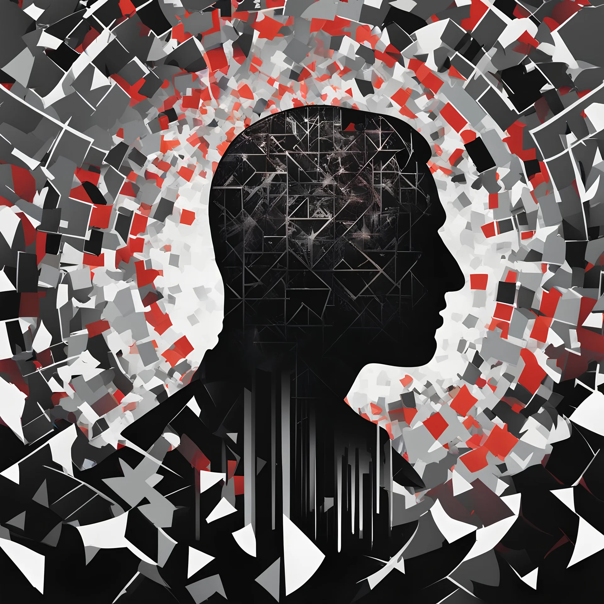 **Cinematic Illustrations:** A silhouette of a person’s head filled with a chaotic, abstract pattern. This represents the extremist mindset and the radicalization process. **Appearance:** cinematic portraits can be interpreted in multiple ways, adding depth and intrigue to the narrative. They collectively provide a comprehensive and captivating exploration of the complex issues surrounding terrorism, extremism, and radicalization.