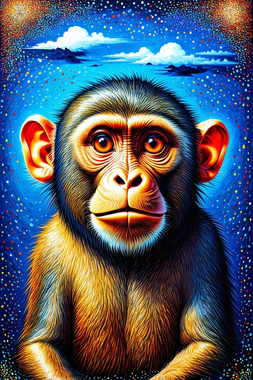 chaos monkey; lowbrow surrealism with stylistic pointillism and a Post-Impressionistic sky