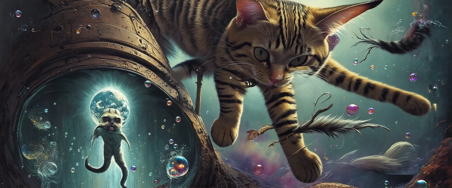 Portrait of a cat by Van Gogha high definition IMAGE detailing the creatures found on other worlds, retrofuturistic, phototrealism, Macabre Rapture End of days Revelation scene, isanely detailed matte oil painting, sinner apotheosis,diagonal composition, unbalanced, abstract surreal horror, eerie, scary warm a colorful splash of steampunk bubbles , amazing splashscreen artwork, photoshop water art, liquid painting, swirling paint colors, ink splash, physics splashes of colors, colorful sw