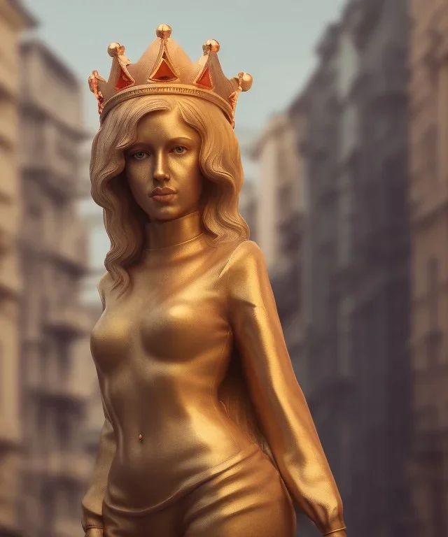 Statue of Queen of photography. Cute blonde woman. Photographer in golden crown. Standing on the street. Big camera in her hand. hyperdetailed, photorealistic, trending on artstation, greg rutkowski, beksinski, kodachrome