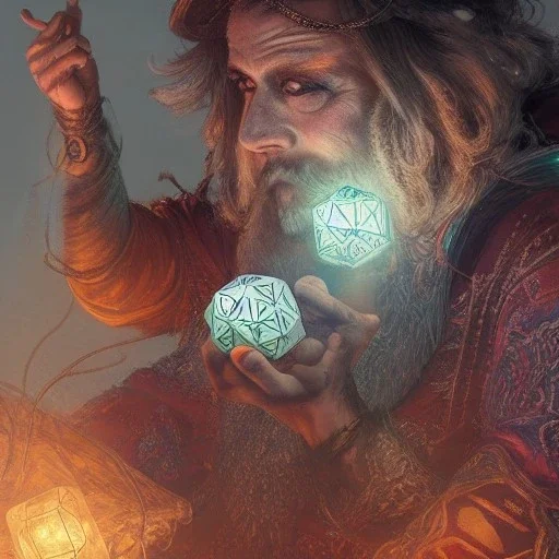 Insanely detailed photograph of an “D&D mariachi holding glowing D20” with intricate detailed beard, intricate clothing, hyperdetailed painting by Ismail Inceoglu Huang Guangjian and Dan Witz CGSociety ZBrush Central fantasy art album cover art,8K, hdr, mysterious, flickeringlights ,Stoic