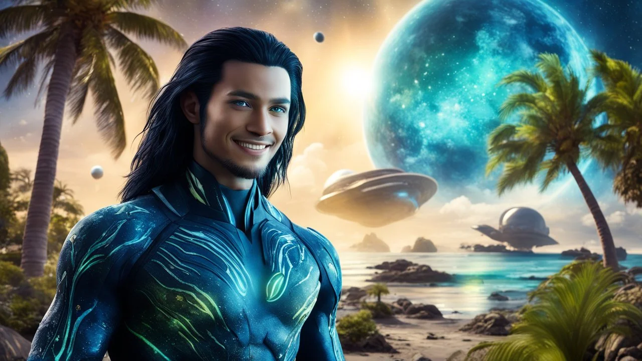 beautiful gorgeous young man na'vi with long hair, Avatar, blue skin, two small ears, green eyes, black hair, in cosmic suit, galactic ambiance, little pointy goatee , smiling, with spaceship and planets and palm trees and clear crystaline cosmic beach in background