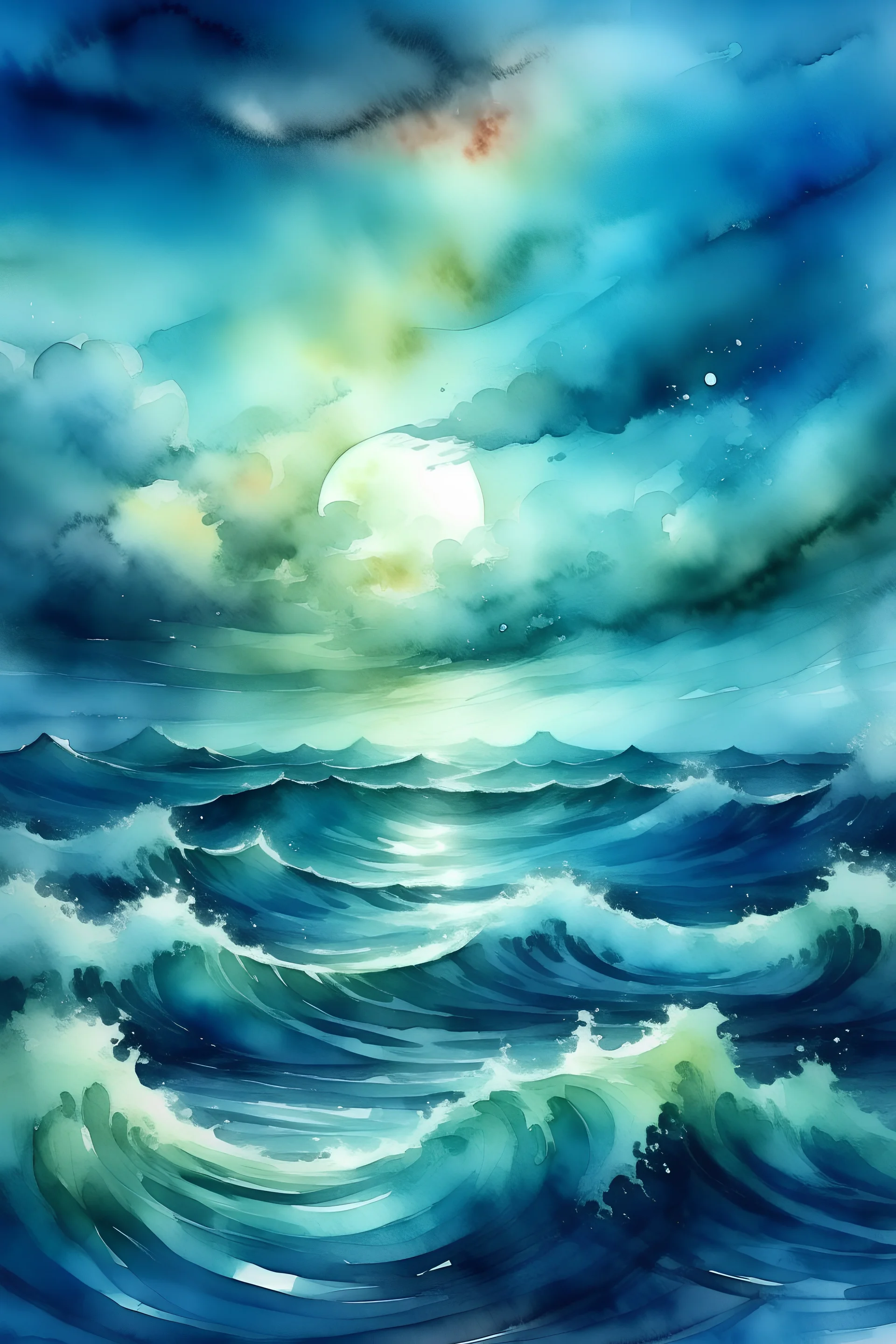 Sea in the storm with watercolours and beautiful clouds