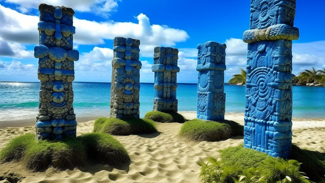 A blue beach with Hawaiian tikis designed in ancient Roman mosaics