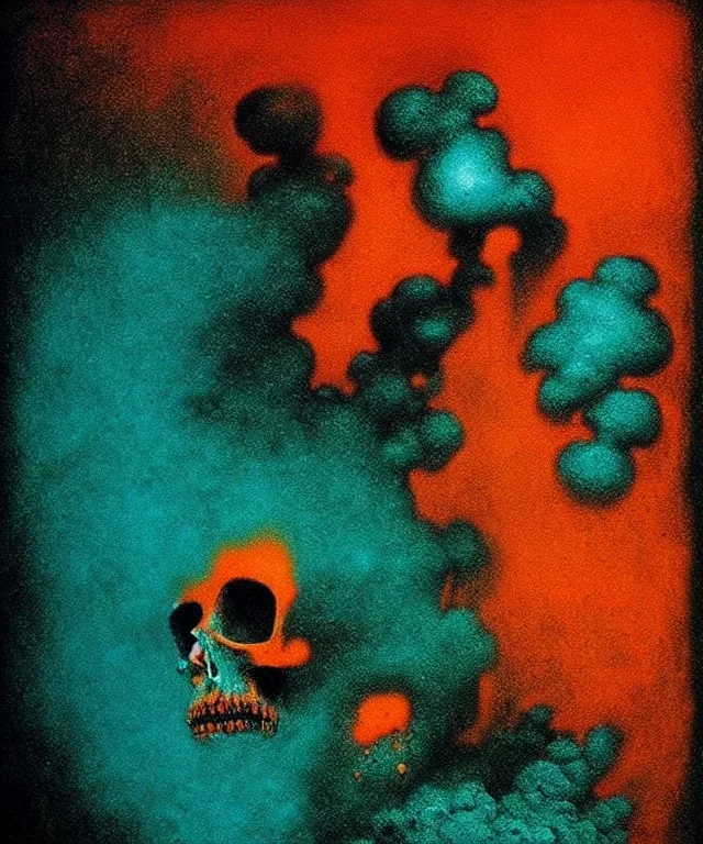 broken skull. black background. smoke and explode. particles in air. teal and orange. abstract. beksinski.