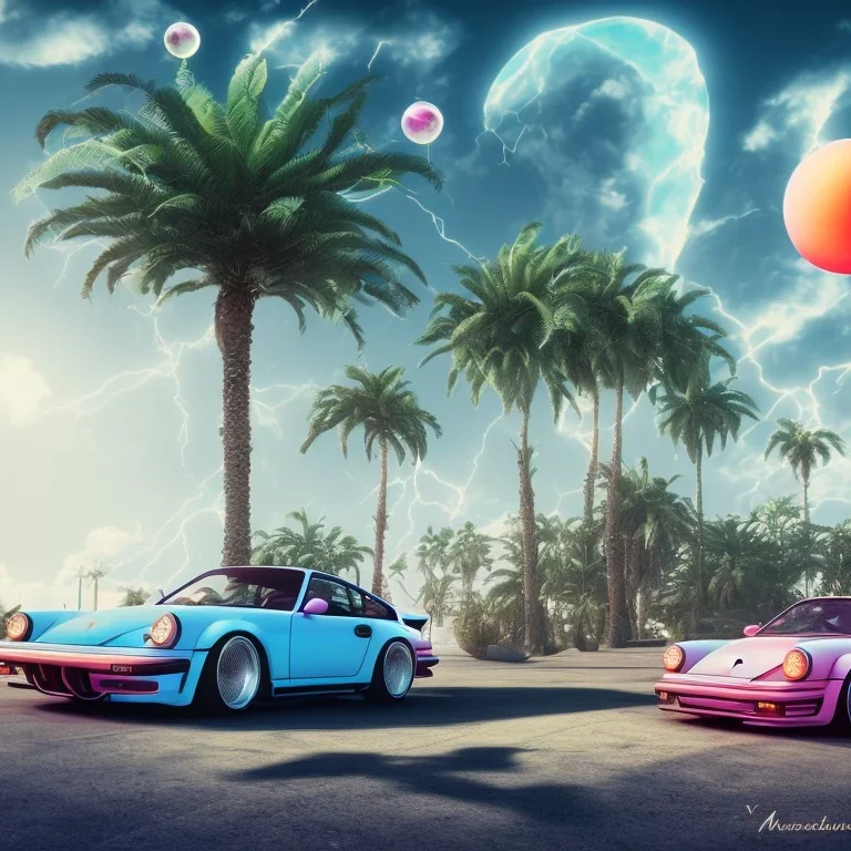 1980's aesthetic vaporwave palm trees and spheres and Porsche with lightning