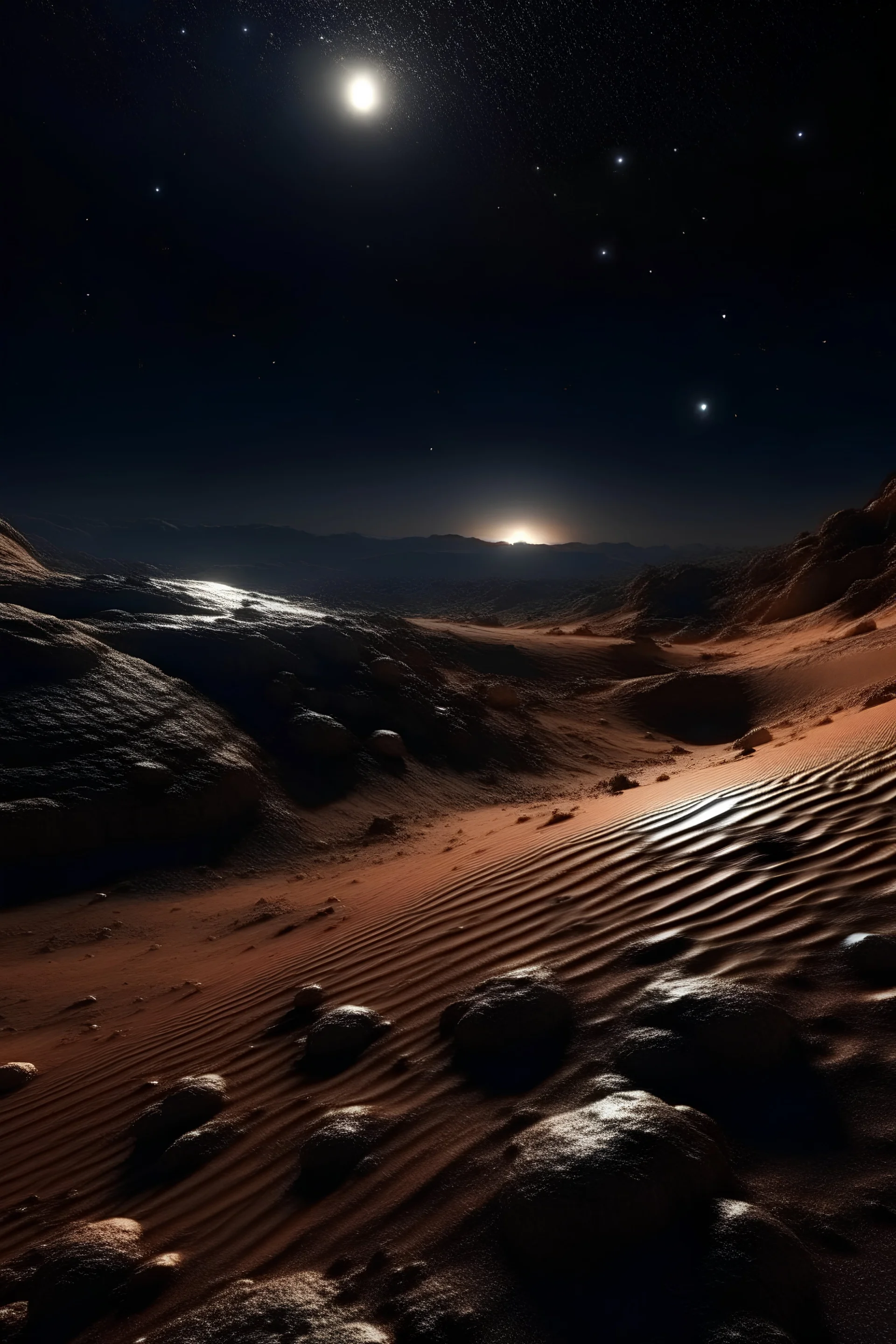 22. Martian landscape, lots of stars, constellations, beautiful planets. Wide angle lens, starry sky, ultra detail, filigree, elegant, 64k.