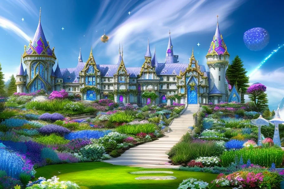 fairy and cosmic landscape with blue grass, magic plants, sky with light and stars. fairy white castle with diamond