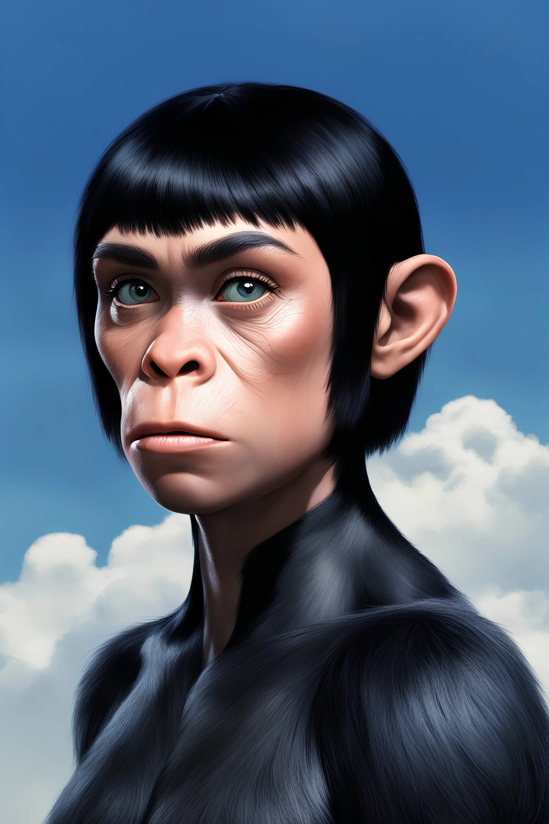 full body - Horror of the Planet of the Apes - black hair, Deep Blue Eyes - head and shoulders portrait - Lenna, part chimpanzee, part human, short, bowl-cut, straight black hair, the bangs cut straight across the forehead, she resembles a Zira from the Planet of the Apes, and she resembles Spock - Mountains, blue skies, clouds, red roses, blue roses, yellow roses, honeysuckle roses, carnations, lilacs, professional quality, 32k, UHD, glossy, 1080p, Extremely high resolution Digital photograph