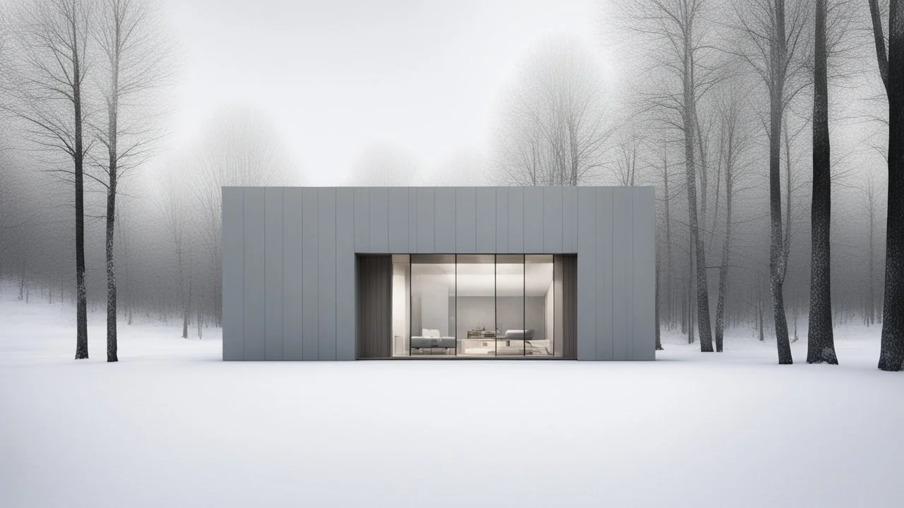 Modern and minimalist house in a winter environment is light gray, with vertical siding that gives it a subtle texture. There are small rectangular windows and a visible door, all emitting warm light from the inside. The house is situated in a snowy landscape, with several bare trees scattered around, suggesting that it is winter or a cold region.