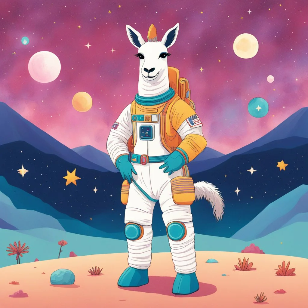 [illustration by Wes Anderson] a space lama in spacesuit smiles and extentds its leg to the camera to say "THANK YOU" [no writing] the mystical groovy llama, a creature of whimsy and wonder in the realm of fantasy. As it smiles and extends its leg towards the camera, a sense of gratitude emanates from its serene gaze. The llama's eyes sparkle with ancient wisdom, and its gesture of thanks carries a message of peace and harmony.