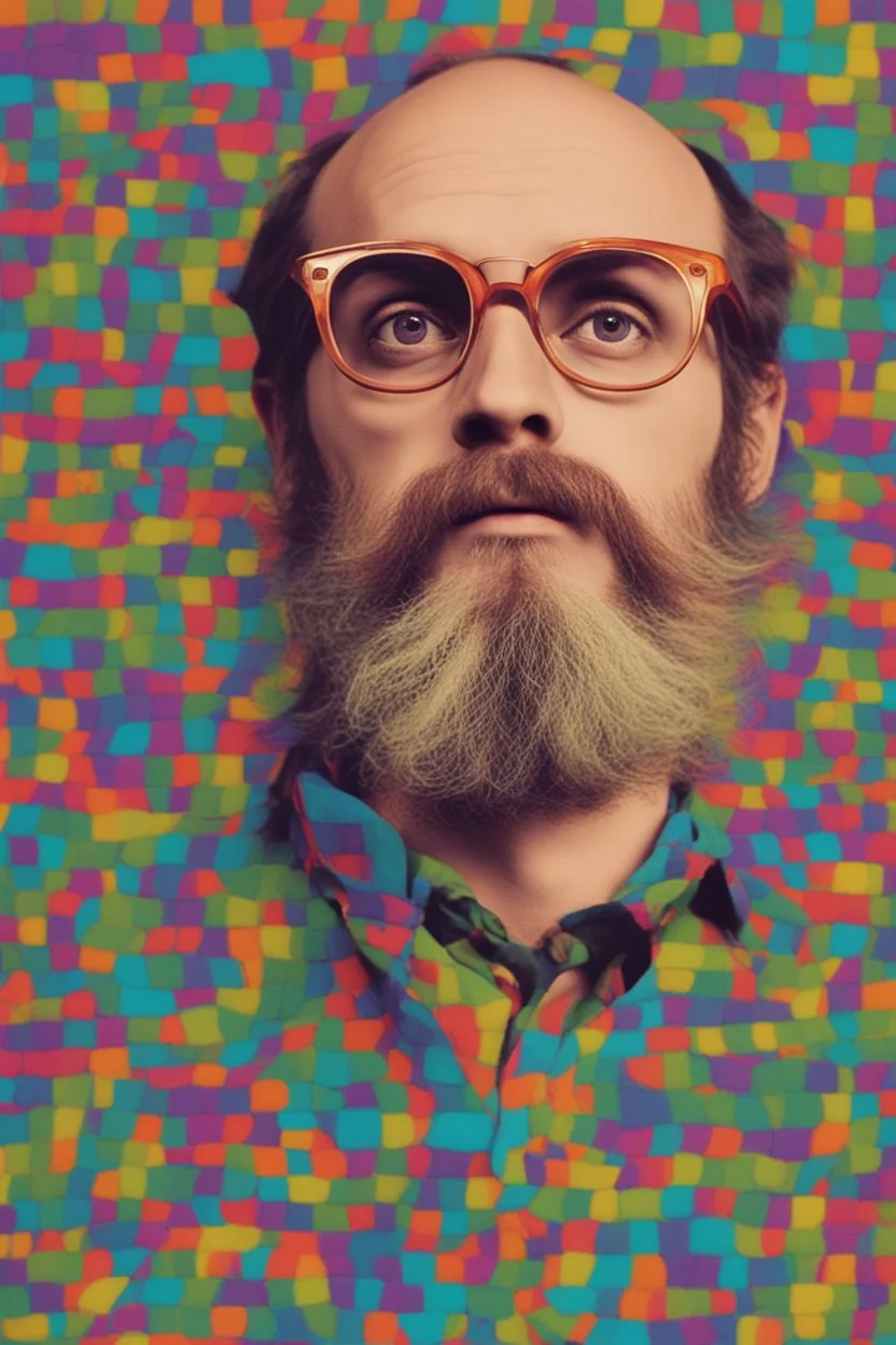 post punk hippie with glasses of colours and poor and short short short and poor hair on the head with receding hairline. Farsightedness glasses with big eyes. Shirt beard in the head. Vintage look and feel like photo style-of the 70s