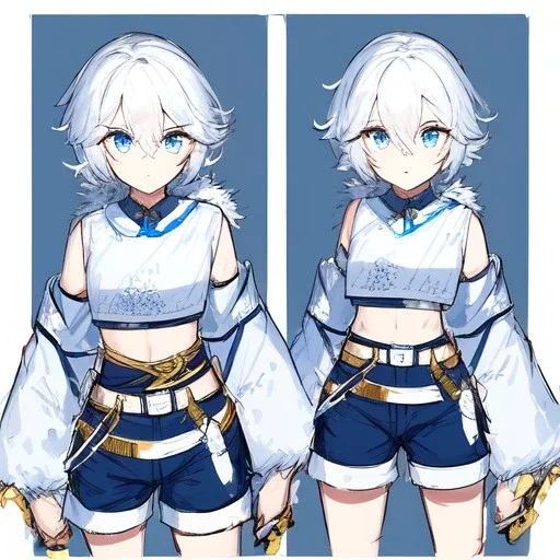 Clear focus, High resolution, rough line sketch art, short fluffy white hair, hair between eyes, fluffy hair, blue eyes, wearing a crop top, wearing shorts, detailed outfit, lots of details, bow on belt, white belt, white and blue everywhere on outfit, cut sleeve, yellow chains around outfit