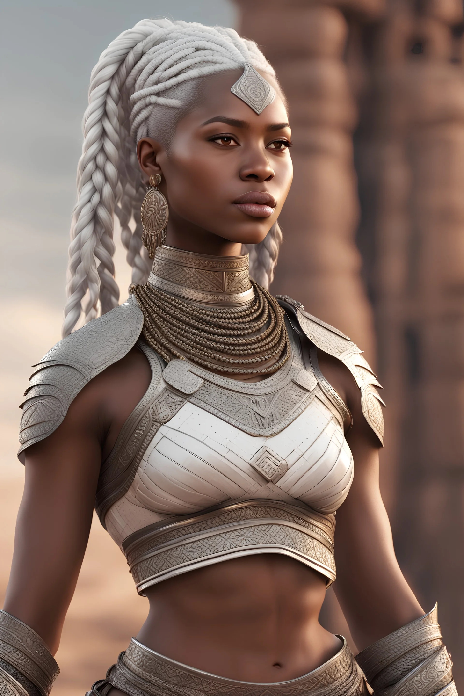 White braids, intricate Ashanti armor, detailed gorgeous face, beautiful African girl, medium length white hair, toned stomach, showing midriff, (photorealistic, photorealism), (8k, RAW photo, highest quality, masterpiece, ultra-high resolution, physics-based rendering),