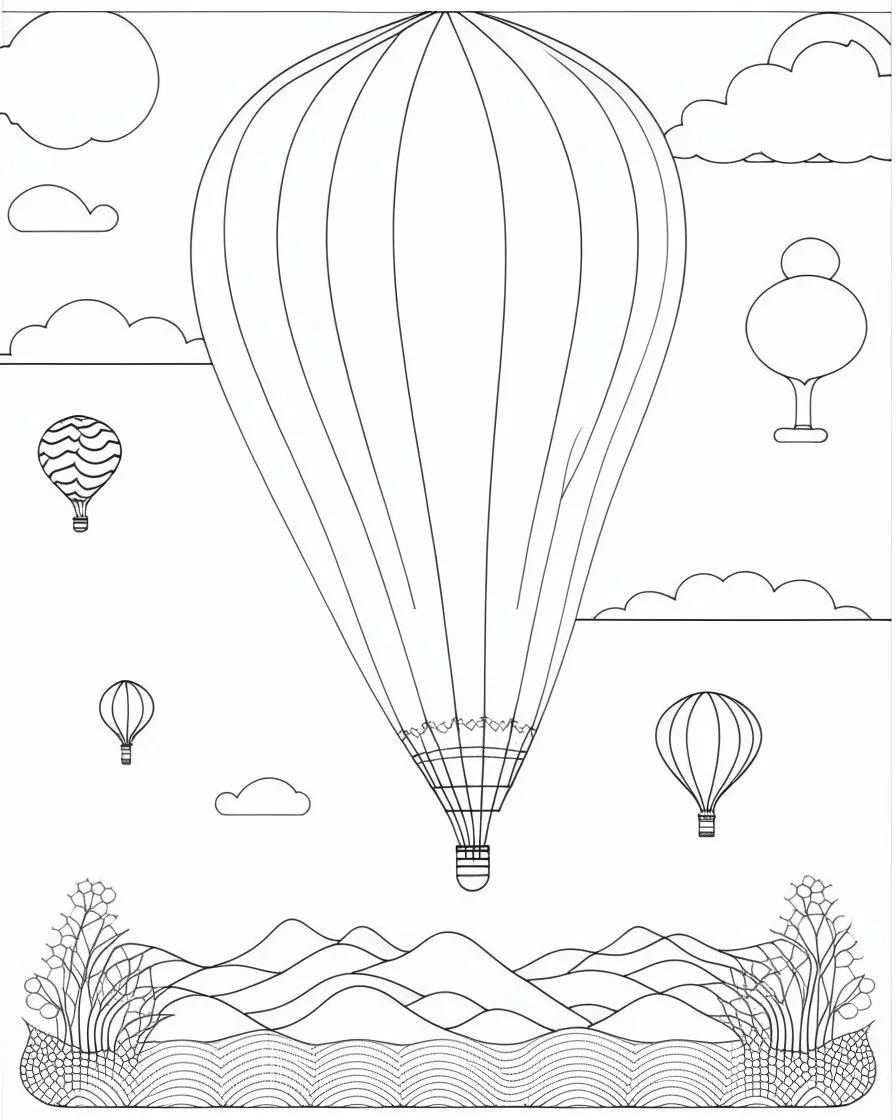 Tranquil Underwater Adventure: Create a coloring book page showcasing a serene underwater scene. Illustrate various marine Whimsical Hot Air Balloon Ride: Design a coloring book page featuring whimsical hot air balloons soaring through the sky. The balloons should be adorned with playful patterns, and the background can include fluffy clouds and distant landscapes. Apply a cartoon-style sketch with only outlines for a delightful coloring experience. like fish, turtles, and seahorses swimming pea