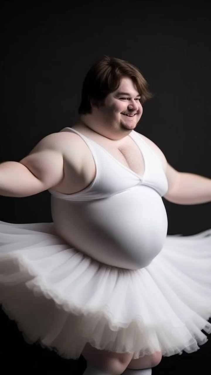 young man, obese; brown hair and fair skin, dancing in a white fluffy tutu. Full character. Elegant pose; HD, Studio shot, realistic.