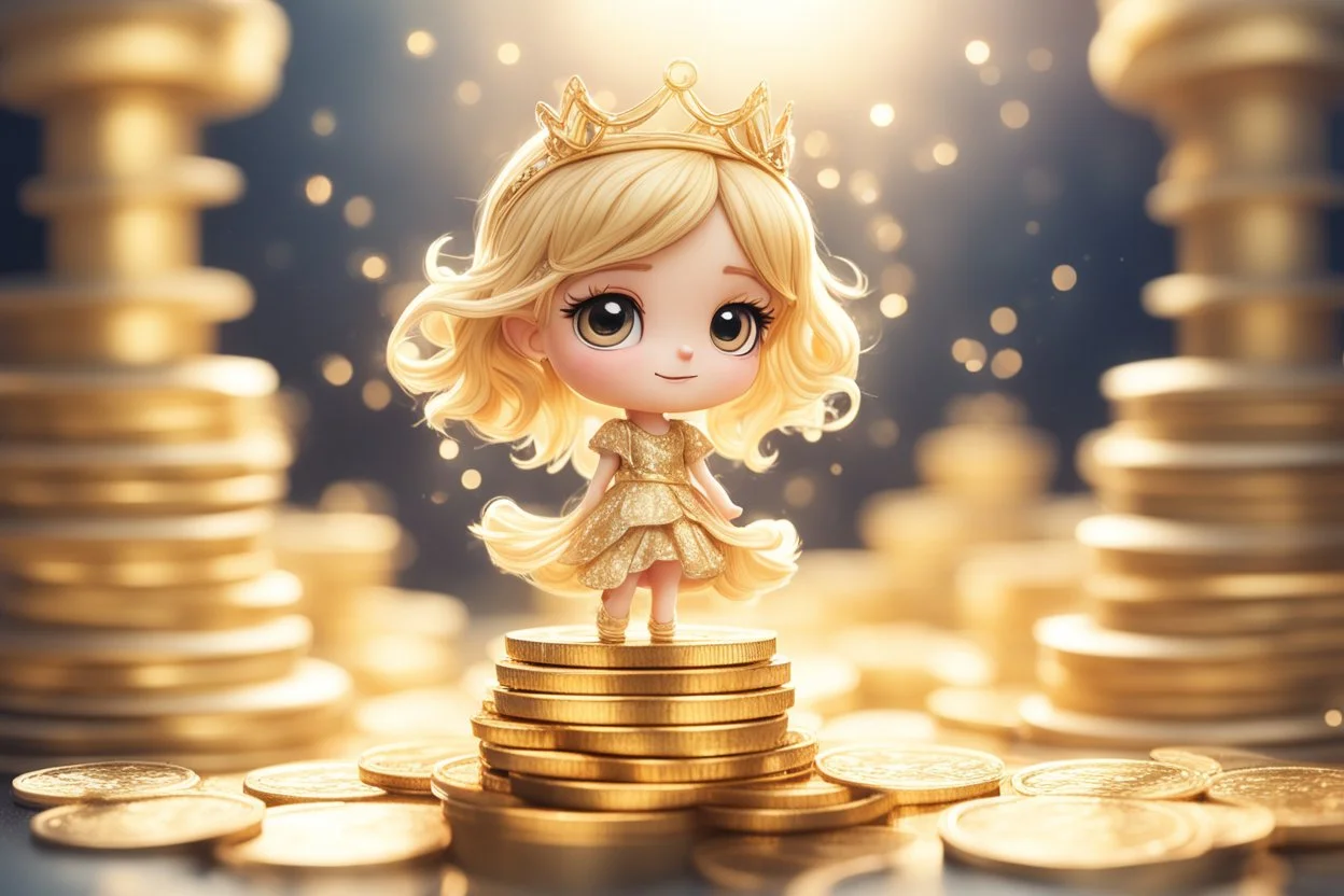 cute chibi blonde princess standing on golden coin stacks in sunshine, watercolor and black in outlines, golden glitter, ethereal, cinematic postprocessing, bokeh, dof