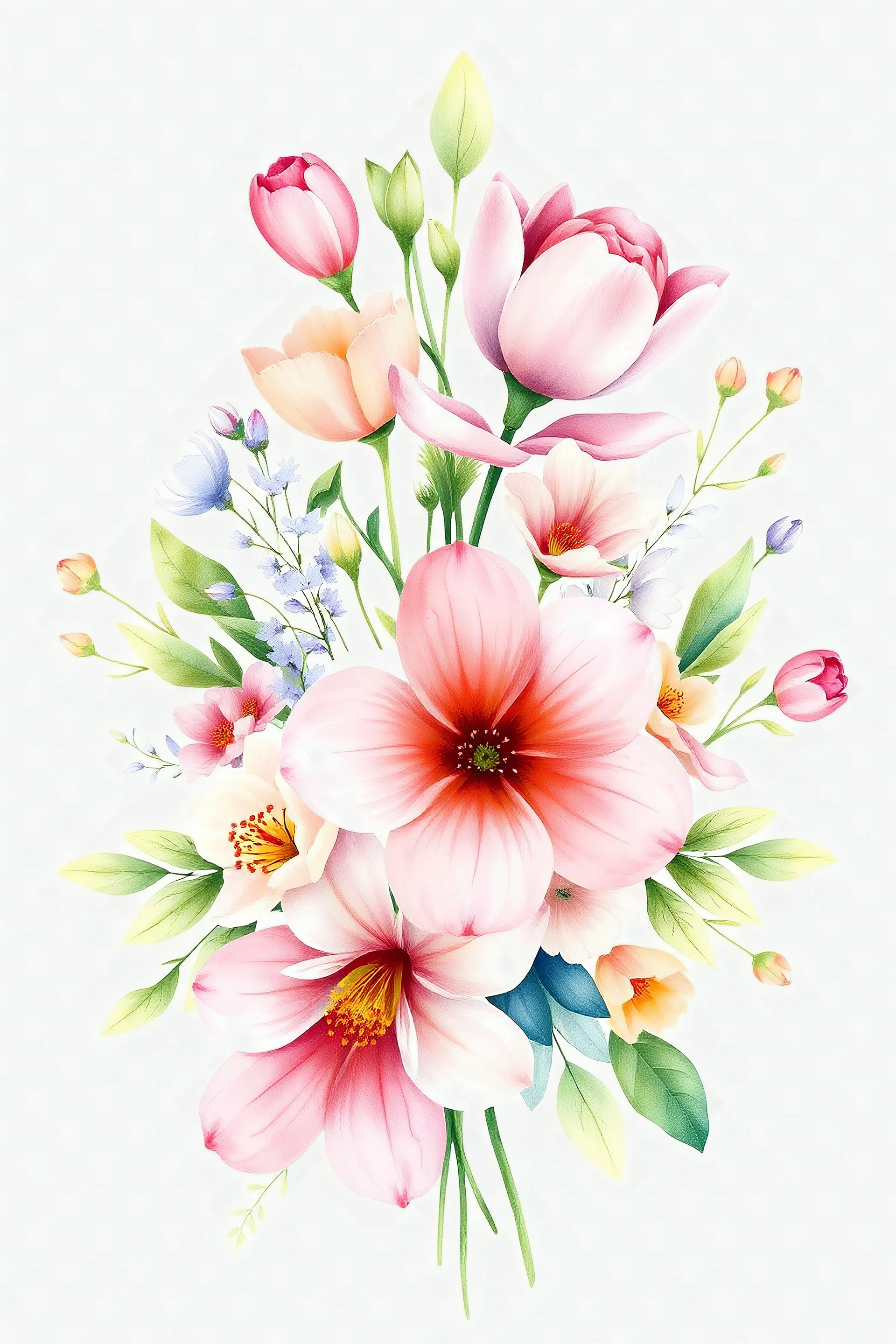 Beautiful spring flowers bouquet, watercolor style, pastel colors, delicate and bright, greeting card illustration