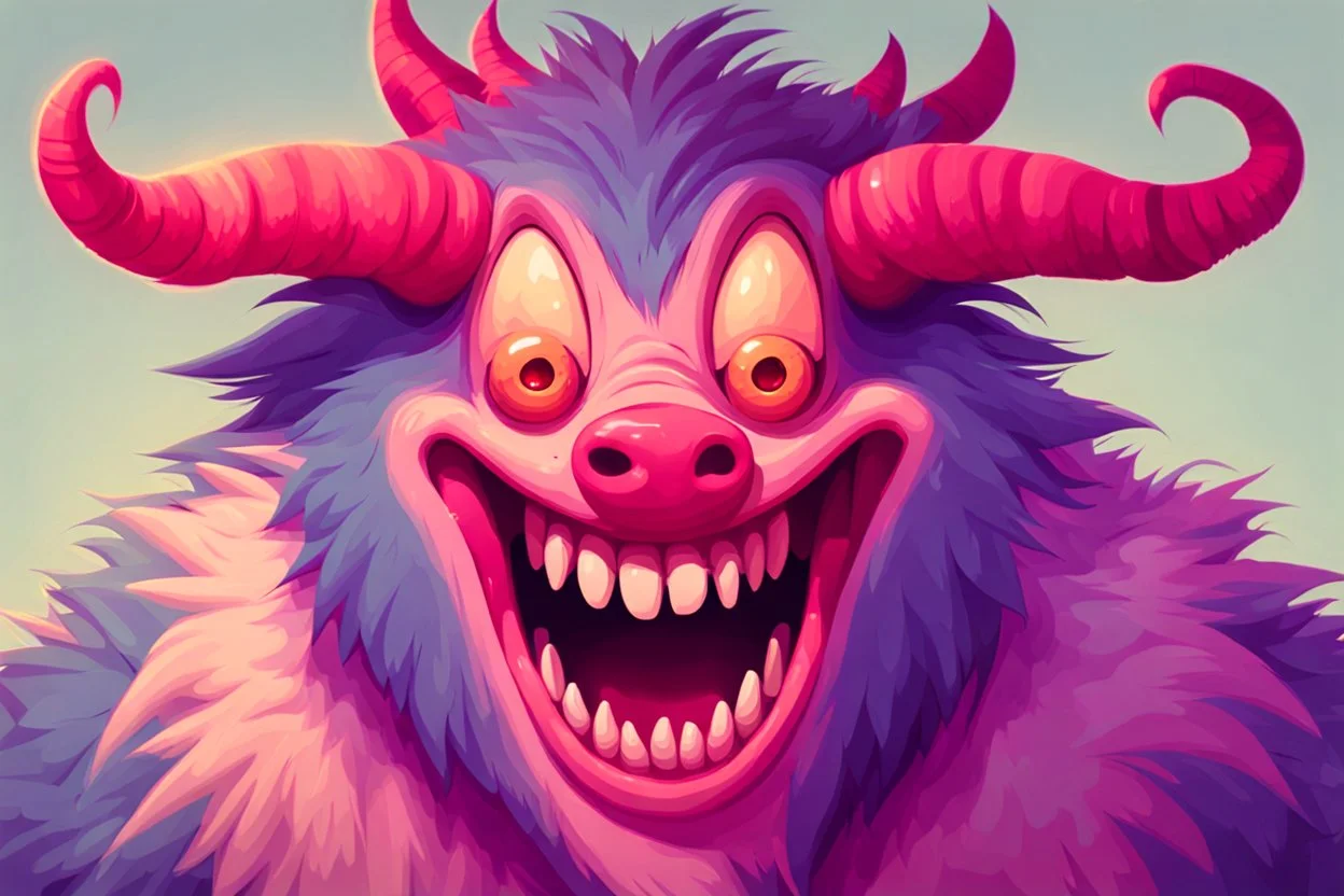 closeup on face of cute character with fur, horns and big toothy grin, peculiar character style, cute monster