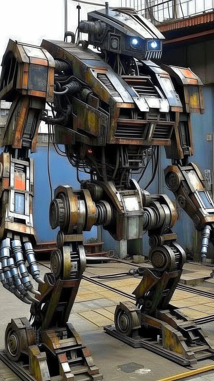 trash mech suit, human sized, made of scrap metal