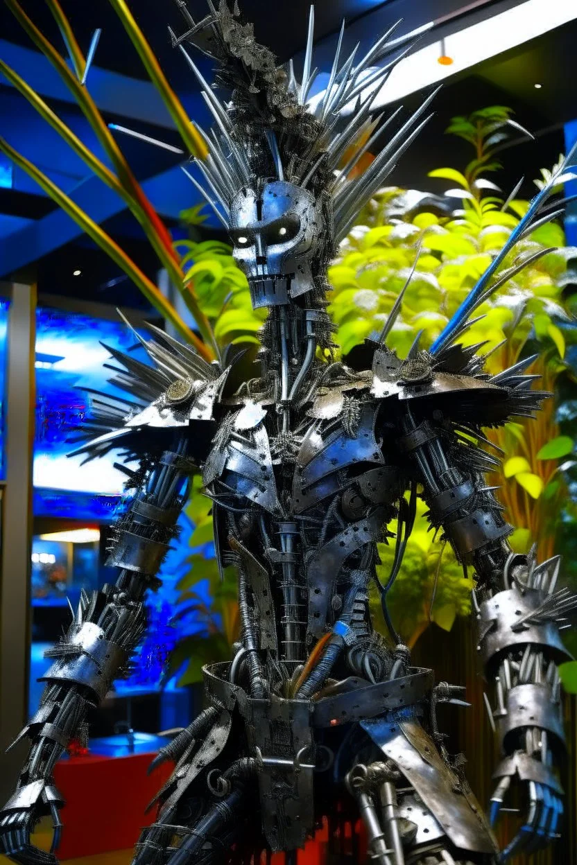 A humanoid being made entirely of sharpened metal blades and spikes stands before a mechanical tree. Photograph.
