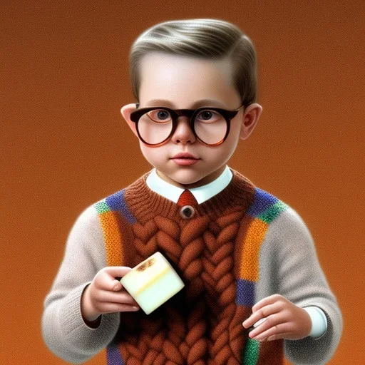 Peter billingsley chubby kid Tortoise-shell glasses, Holding a ((dark red soap bar)) in his hand, brown argyle sweater,